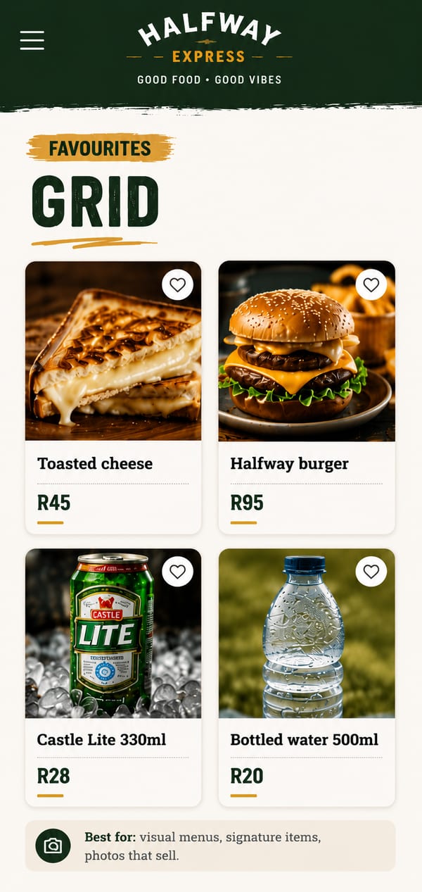 Grid menu style — phone mockup